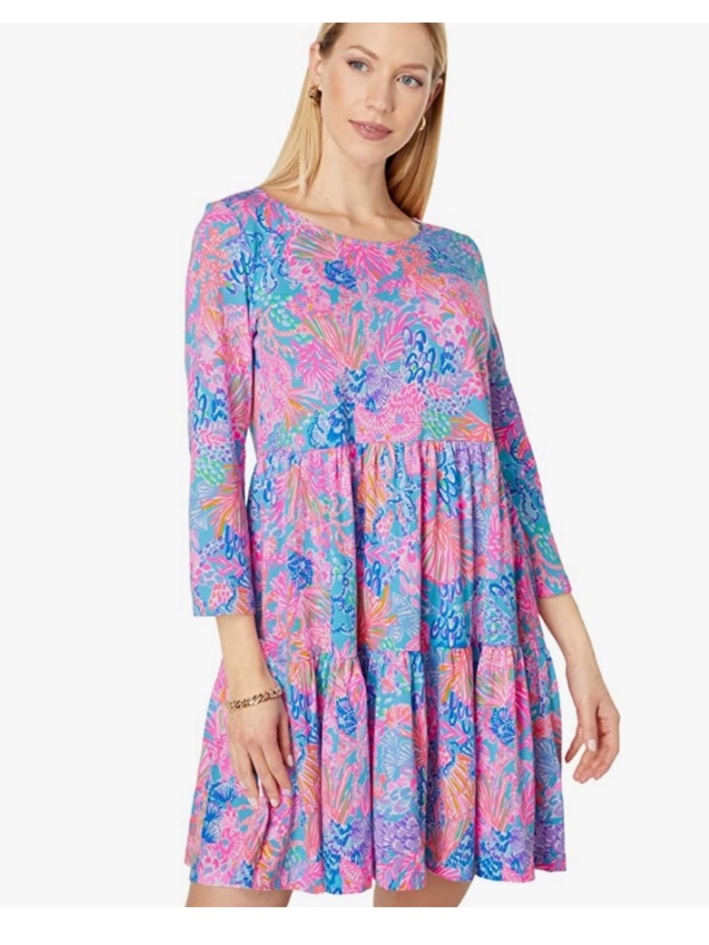 Lilly Pulitzer 3/4 Sleeve Floral Tiered Cotton Lightweight Dress Size M